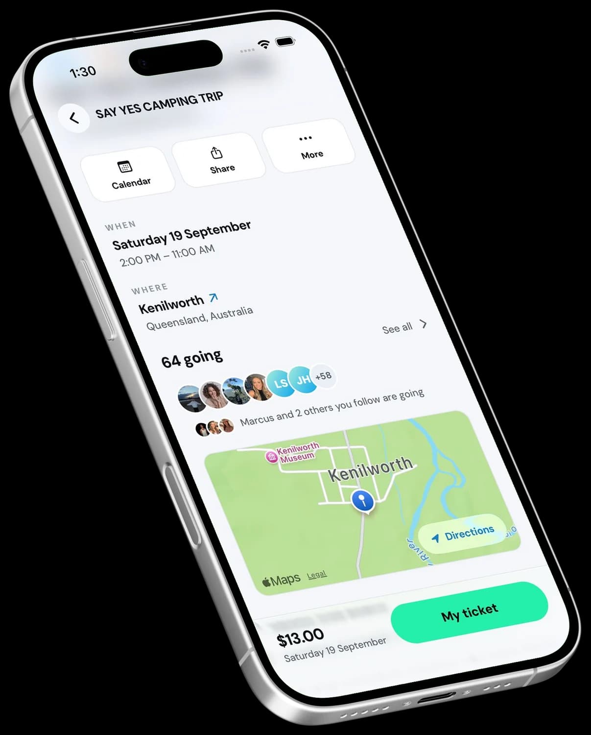 An event page in the Moveera app on an angled iPhone: SAY YES CAMPING TRIP, Saturday 19 September at Kenilworth, 64 going, a map, and a $13.00 My ticket button.