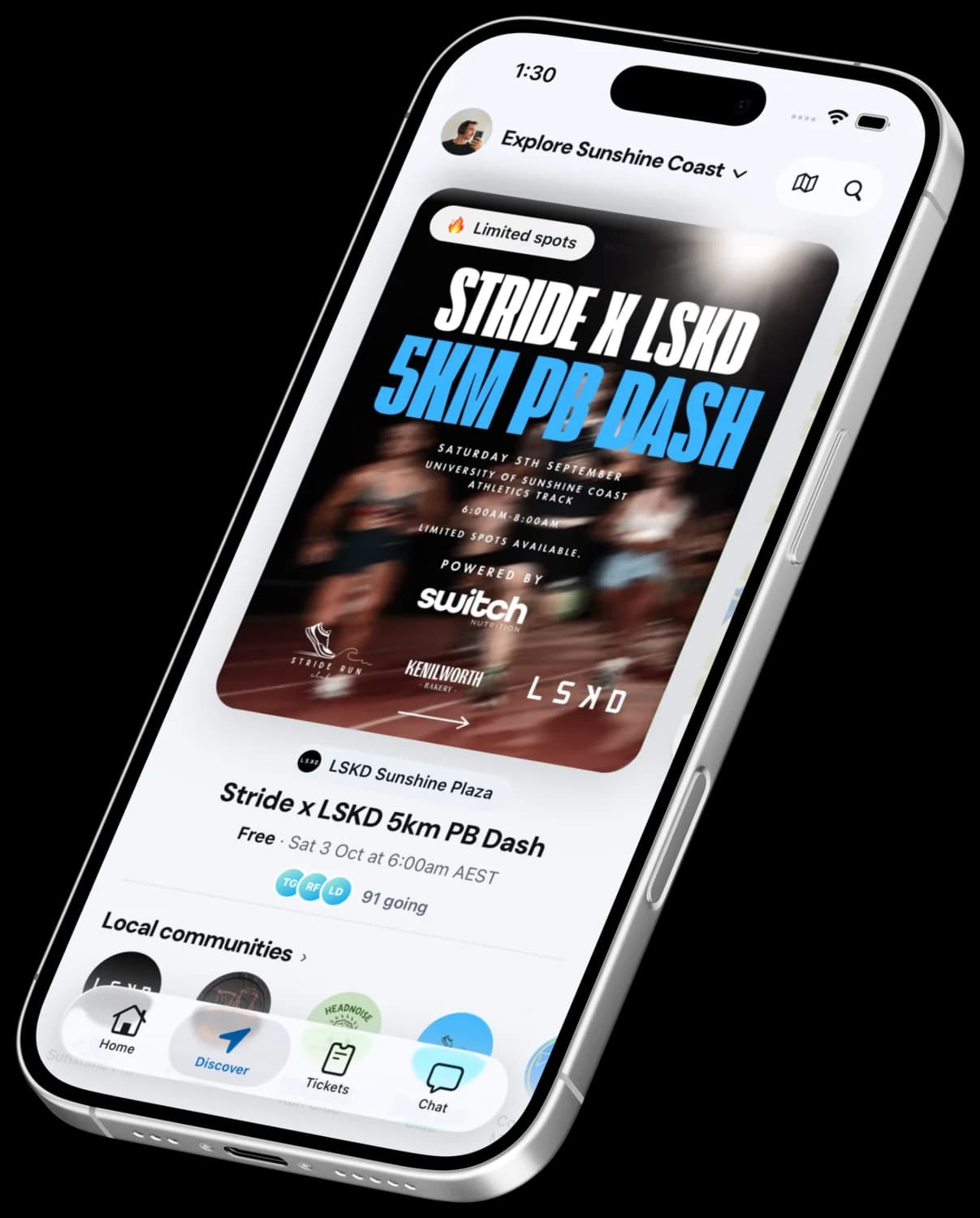 The Discover tab in the Moveera app on an angled iPhone: Explore Sunshine Coast, the Stride x LSKD 5km PB Dash poster marked Limited spots, 91 going, and a row of local communities.
