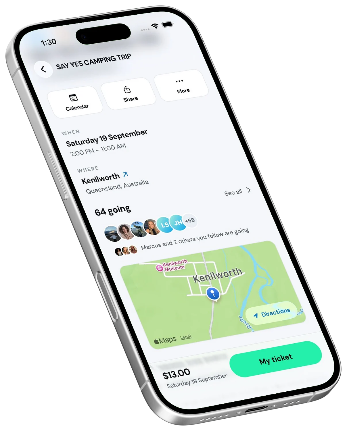An event page in the Moveera app on an angled iPhone: SAY YES CAMPING TRIP, Saturday 19 September at Kenilworth, 64 going, a map, and a $13.00 My ticket button.